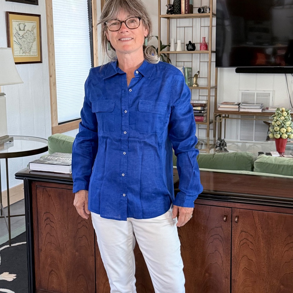 Calvin Klein S Cobalt Blue Linen/Rayon Button Front Shirt